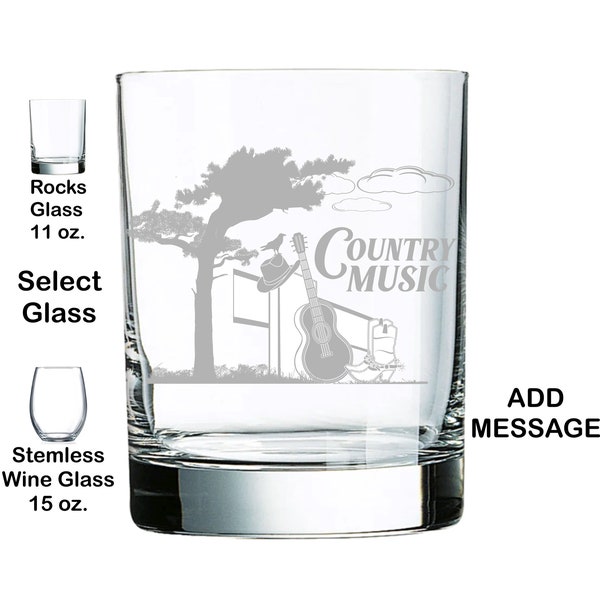 Country Music Engraved Whiskey or Stemless Wine Glass Love Country Glass Gift for Her Guitar and Boots Cowboy Gift Country Glass for Him