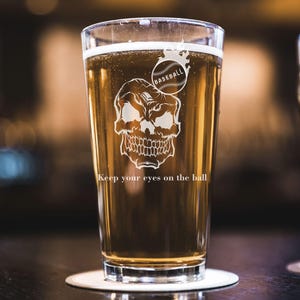 Engraved Baseball Skull Beer Pint, Whiskey, or Wine Glass | Perfect for Fans, Coaches & Players | Unique Beer Mug for Drafts, Gifts