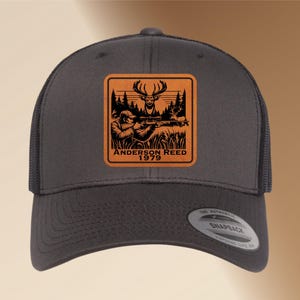 Leather Patch Personalized Hunting Hat | Engraved Adjustable Trucker Hat | Great Gift for Deer Hunters | Custom Men&#39;s Cap Father&#39;s Day Gift