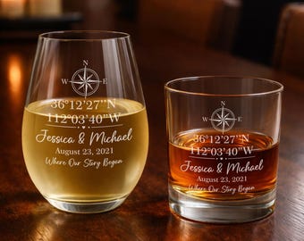 Personalized Coordinates Glass, Custom Wedding Anniversary Gift, Engraved Wine Whiskey Beer
