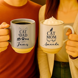 Personalized Cat Mom Dad Mug – Engraved 12 oz Ceramic Cup – Cat Lover Gift