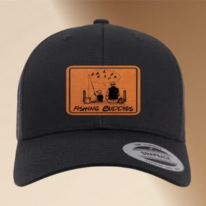 Engraved Leather Patch Fishing Hat: Custom Yupoong Trucker Cap