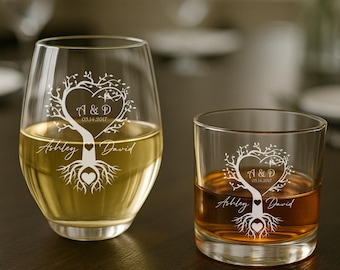 Personalized Tree of Love Glass, Custom Wedding Anniversary Gift, Engraved Wine Whiskey Beer