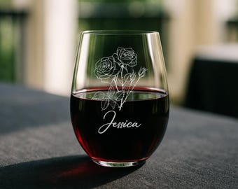 Engraved Birth Flower Wine Glass – Personalized Floral Gift