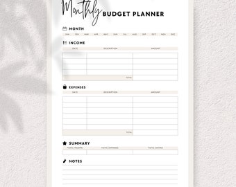 May include: Printable monthly budget planner with sections for income, expenses, and a summary. The planner includes a calendar for each month of the year, a space for notes, and a total for income, expenses, and savings.