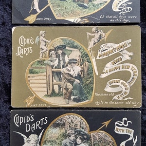 Juego de 3 postales 'Dardos de Cupido' de 1900 - Postales tricromáticas de J Welch & Sons