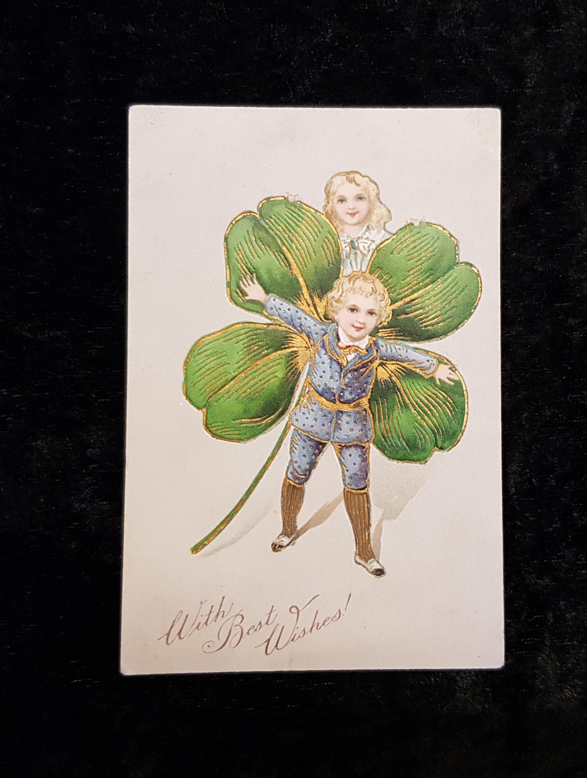 1906 St Patrick's Day Postcard - 4 Leafed Clover with children - Embossed with gilt edging - PFB - Paul Fink, Berlin