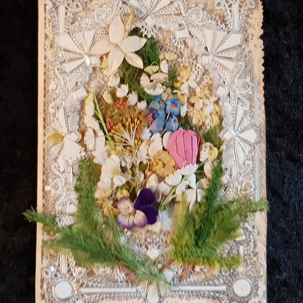 c.1872 Victorian 3D Lace & Silk Flower Greeting in original stamped envelope