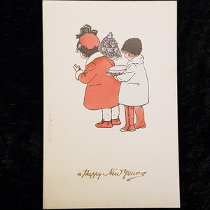 Vers 1920 Carte postale du Nouvel An - Images colorées à la main avec dorure - Enfants mignons avec des fleurs et un gâteau - Publiée par M.M. Vienne - Série 1078