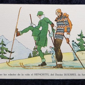 Vers 1920 Carte postale publicitaire en espagnol pour le remède hémorragique du docteur Roussel - Skieurs