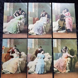6 x c.1900s 'Love's Treasure' Romantik Postkarten