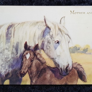 Vers 1930 Carte postale « Mère et fils » - 2 chevaux - L'équipe de la ferme, par Humphrey Milford