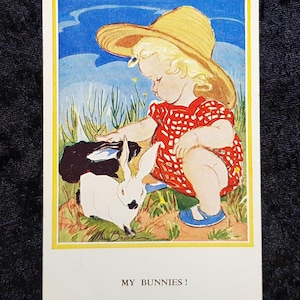 Postal de 1948 publicada por Valentine & Sons Serie 'Fine Art' - Niño con conejos '¡Mis conejitos!'