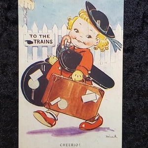 1947 Comic Kinder Postkarte - Dinah 'Cheerio' - Evakuierte geht zur Wache - Raphael Tucks Kinder während des Zweiten Weltkriegs