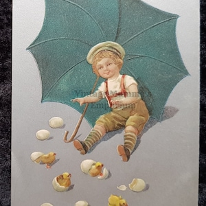 c.1905 Cartolina di Pasqua - Pulcini in rilievo con ragazzo