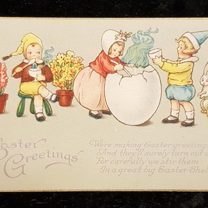 1921 Osterkarte - Niedliche Pixie Kinder Kochen im Ei mit Vergoldeten Rand - Stecher Lith. Co - US Herkunft