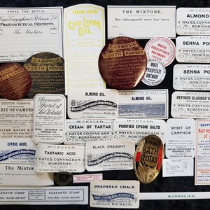Kit de etiquetas y objetos efímeros de farmacia vintage - Ideal para diarios creativos y proyectos de manualidades.