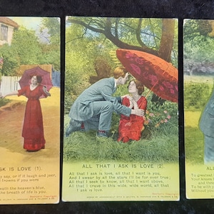 Ensemble de cartes de chansons Bamforth, vers 1910, « Tout ce que je demande, c'est de l'amour » - 1-3 - sur le thème de l'amour