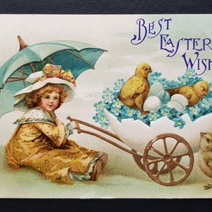 Cartolina di Pasqua del 1907 - Ragazza con pulcini in rilievo