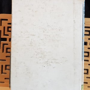 Op de afbeelding: Een vintage boek met een vervaagde witte kaft. De kaft vertoont tekenen van ouderdom met verkleuring en slijtage. De rug is zichtbaar met blauwe en groene accenten. Het boek ligt op een houten standaard met een geometrisch ontwerp.