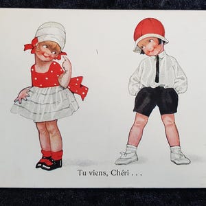 Carte postale française de 1923 - Enfants mignons, romantiques - « Tu viens, chérie » - Illustr. Chicky Spark