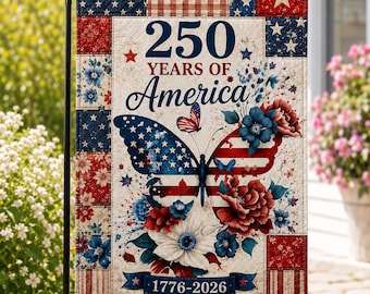 Bandera de jardín vintage de imitación patchwork del 250 aniversario de EE. UU., bandera rústica de patchwork, bandera patriótica del Día de la Independencia.
