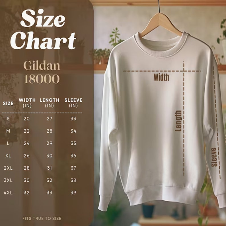Puede incluir: Una sudadera blanca Gildan 18000 con una tabla de tallas. La tabla muestra medidas en pulgadas para ancho, largo y largo de manga, desde la talla S hasta la 4XL. El texto "Size Chart" est&aacute; en la parte superior.