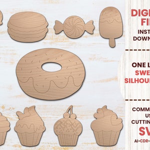 One Line Sweets | 9 Line Art Silhouettes | Glowforge Cut File | Laser Printer Design | Digital Download | PDF + SVG + DXF