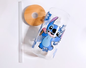 Stitch and Angel Iced Coffee Cup, Stitch Glass Can, Stitch and Angel Cup  With Lid, Cup With Straw, Reusable Plastic Straw, Bamboo Lid 