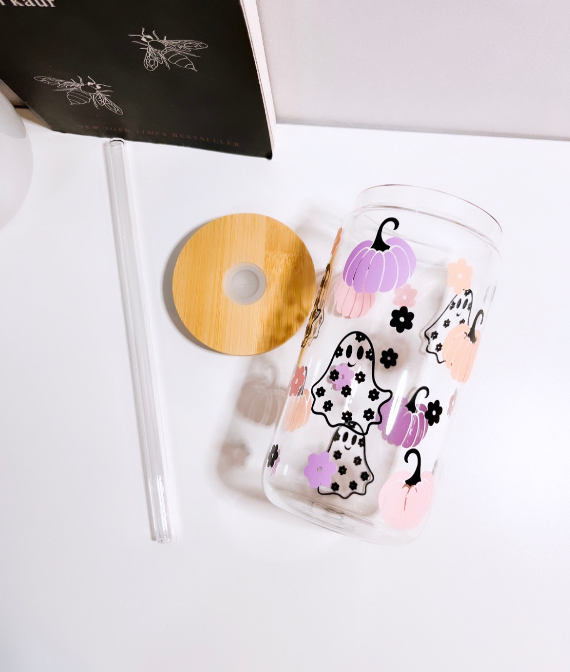 Ghost and Pumpkin Glass Cup with Bamboo Lid and Straw – Mrs Pretty Prints