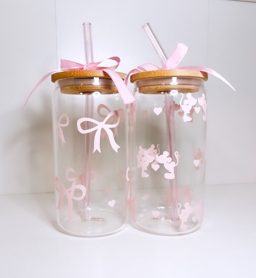 Coquette Glass Cup Bow Glass Cup With Bamboo Lid and Glass Straw ...