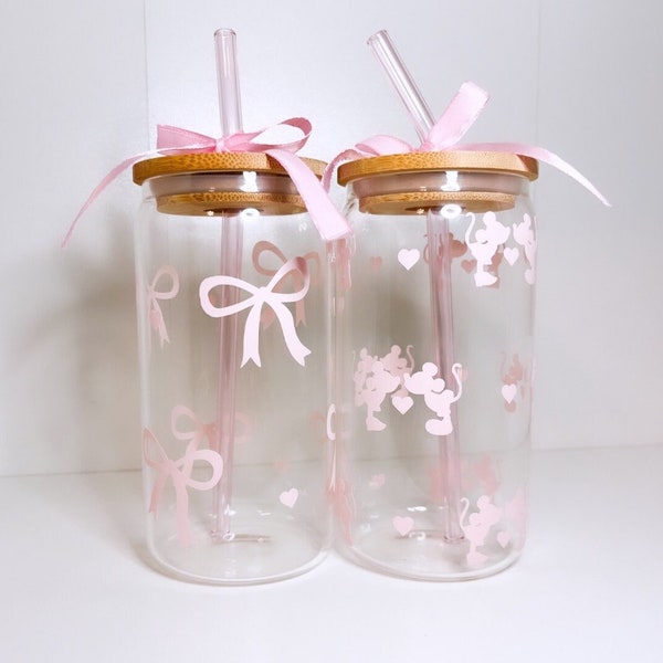 Coquette Glass Cup | Bow Glass Cup With Bamboo Lid And Glass Straw | Valentines Cup | Mickey and Minnie Hearts Cup | Pink Glass Cup