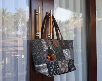 Black Collection Fabric Square Large Handbag, Quilted Bag, Women Handbag, Gifts For Her, Shoulder Bag, Handmade Bag, Vintage Handbag