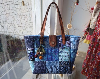 Blue Large Handbag, Quilted Bag, Women Handbag, Gifts For Her, Shoulder Bag, Handmade Bag, Vintage Handbag