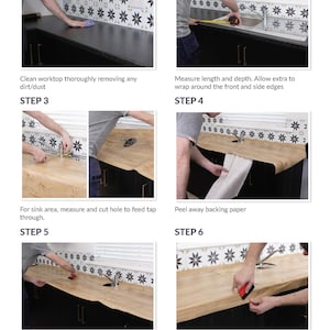 May include: A step-by-step guide on how to vinyl wrap kitchen worktops. The images show the process, including cleaning the surface, measuring, cutting, applying the vinyl, and smoothing it out. The text includes instructions for each step.