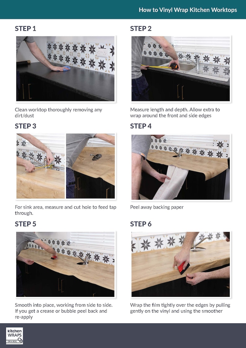 May include: A step-by-step guide on how to vinyl wrap kitchen worktops. The images show the process, including cleaning the surface, measuring, cutting, applying the vinyl, and smoothing it out. The text includes instructions for each step.