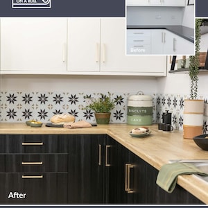 May include: Kitchen with black cabinets, light wood countertops, and white upper cabinets. The image shows a before and after comparison of a kitchen remodel. The text on the image says "Kitchen Wraps on a Roll" and "The professional vinyl-wrapper's guide to covering kitchen worktops."