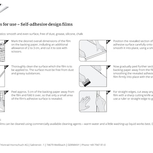 May include: Instructions for use for d-c-fix self-adhesive design films. The image shows a step-by-step guide with illustrations and text. The steps include cutting, cleaning, applying, and smoothing the film. Care instructions are also provided.