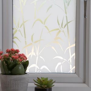 Könnte beinhalten: Eine Fensterscheibe mit einer halbtransparenten, mattierten Folie, die ein sich wiederholendes Muster aus Bambusstängeln und Blättern in einem hellen Grünton aufweist. Das Fenster ist weiß gerahmt und steht hinter einer blühenden Pflanze.