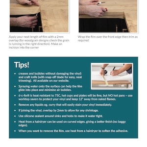 May include: Step-by-step guide on how to apply vinyl wrap to kitchen worktops. The image shows the process, including cutting and trimming the film. Text provides tips on application, including using a craft knife and heat.