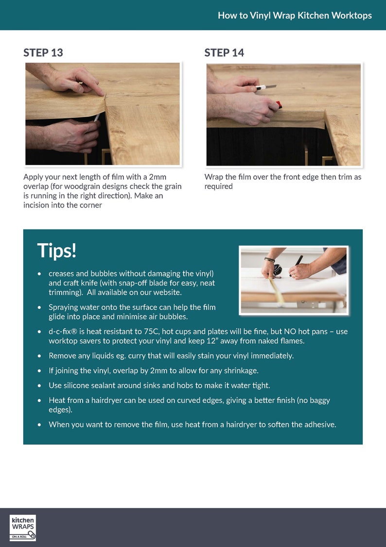 May include: Step-by-step guide on how to apply vinyl wrap to kitchen worktops. The image shows the process, including cutting and trimming the film. Text provides tips on application, including using a craft knife and heat.