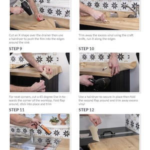 May include: A step-by-step guide on how to vinyl wrap kitchen worktops. The image shows various steps, including cutting, trimming, and sealing the vinyl wrap. The steps are numbered and include the use of a hairdryer and craft knife.