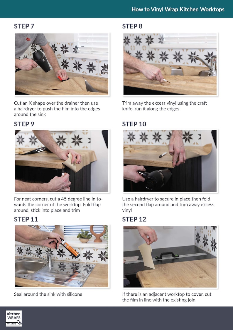 May include: A step-by-step guide on how to vinyl wrap kitchen worktops. The image shows various steps, including cutting, trimming, and sealing the vinyl wrap. The steps are numbered and include the use of a hairdryer and craft knife.