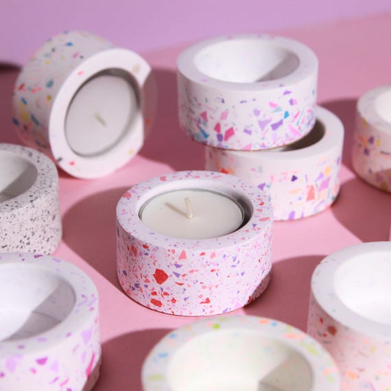 Teelichthalter im Terrazzo Design, bunte Teelichthalter in Beton Optik