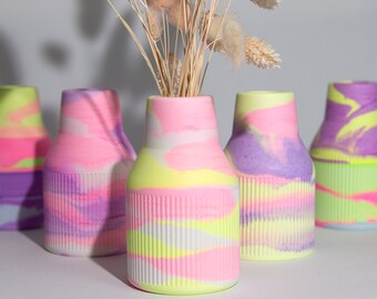 Vase bunt Streifen Design für Trockenblumen, Vase klein in Beton Optik