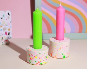 Terrazzo Soft Neon candle holder for taper candles, colorful round candlestick