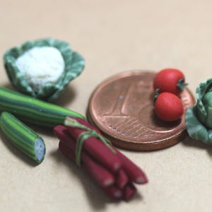 Könnte beinhalten: Miniatur-Gemüse aus Polymer Clay, darunter eine grüne Gurke, rote Tomaten, ein Kopf Kohl und Spargel. Eine Münze dient als Maßstab. Das Gemüse ist detailliert mit realistischen Farben und Texturen, ideal für Puppenhäuser oder Bastelprojekte.