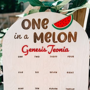 Może przedstawiać: Drewniany znak z napisem "ONE in a MELON" i "Genesis Jeonia" w czerwono-brązowej czcionce. Znak ma grafikę arbuza i siatkę z numerami od jednego do dwunastu.