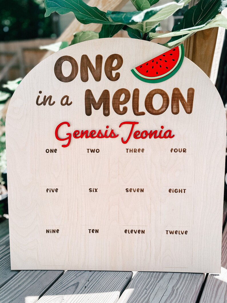 Może przedstawiać: Drewniany znak z napisem "ONE in a MELON" i "Genesis Jeonia" w czerwono-brązowej czcionce. Znak ma grafikę arbuza i siatkę z numerami od jednego do dwunastu.