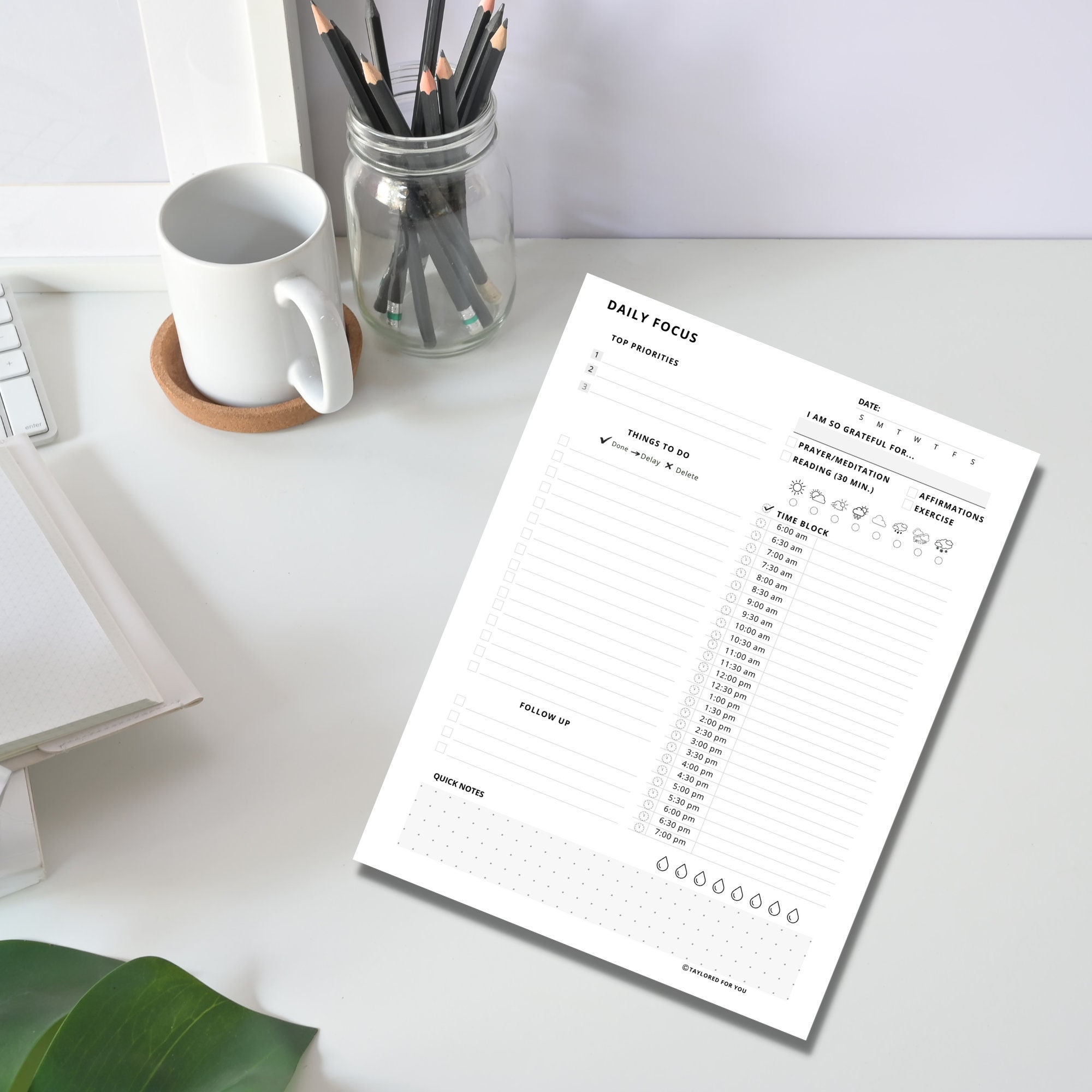 Daily Focus Planner Printable/Planner Inserts/Planner Pages/Undated Daily Planner/Daily Schedule/ Daily To Do